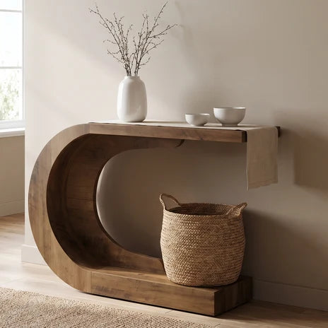 Curved C shaped wood console holding a white vase with a woven basket beneath