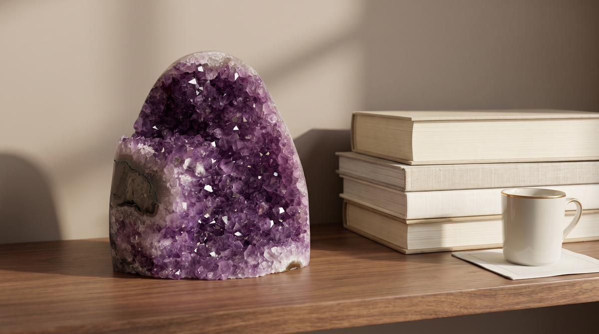 Natural amethyst crystal cluster on a walnut shelf beside books