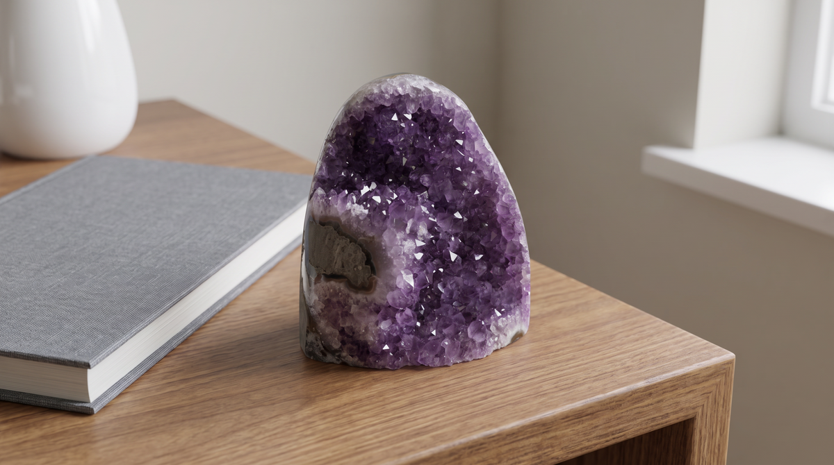 Amethyst cluster on a clean desk corner