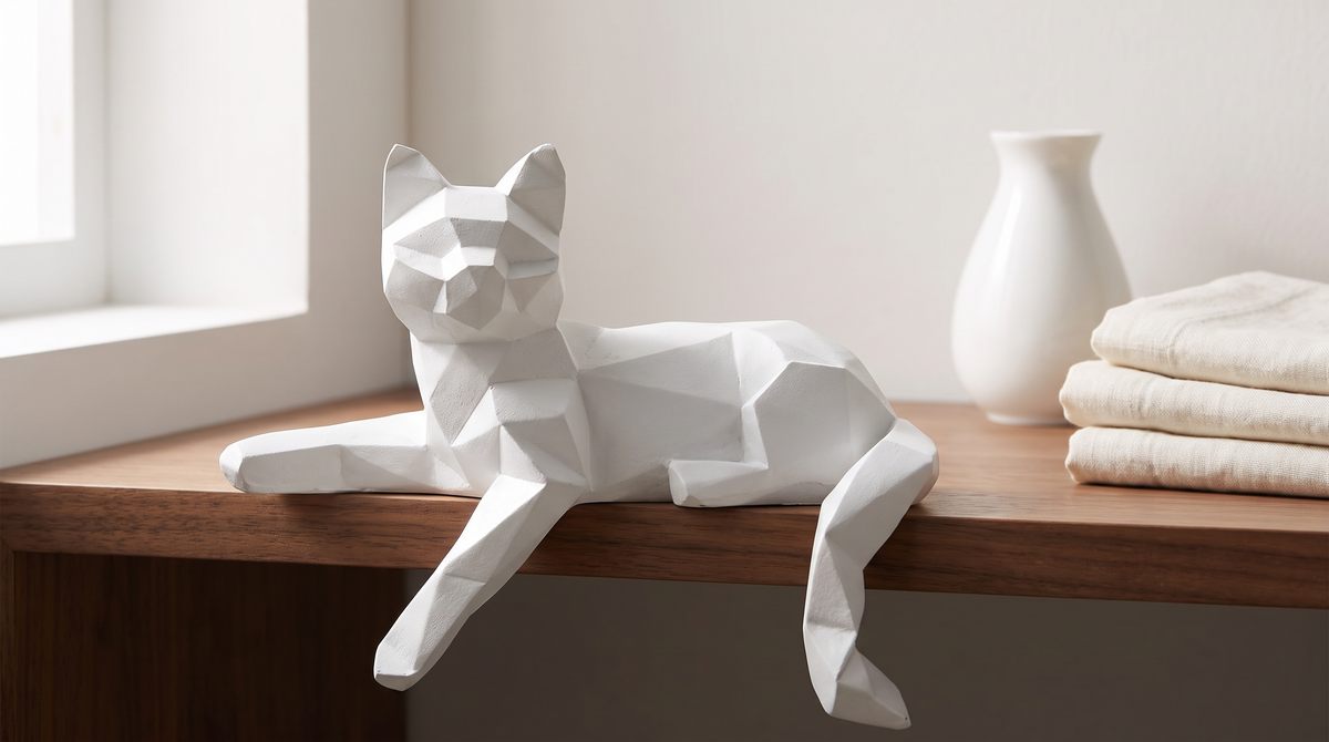 Faceted geometric cat sculpture close on a walnut shelf