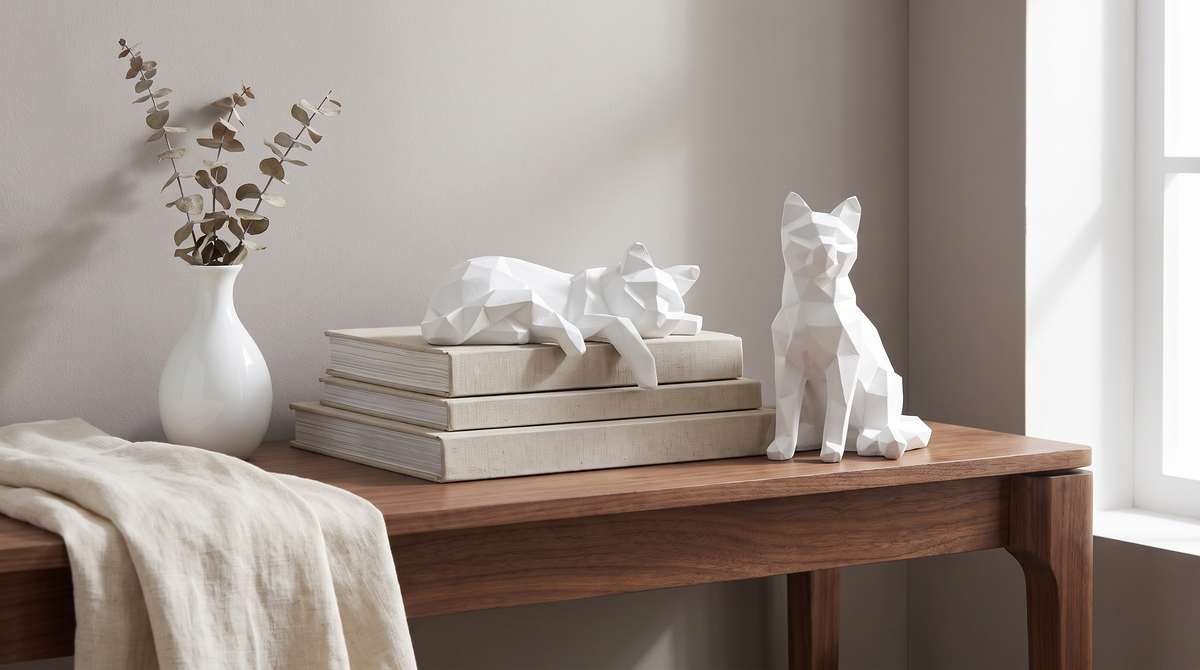 Set of geometric cat sculptures grouped on a console table
