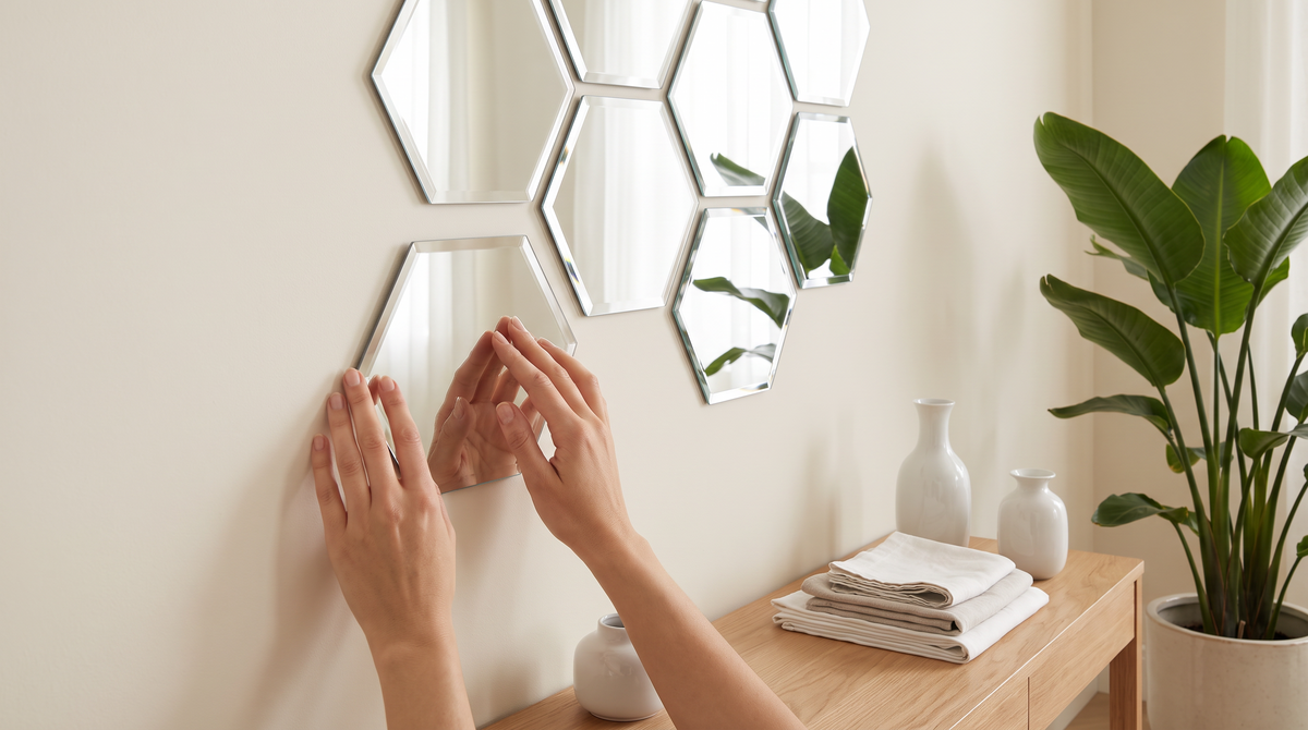 Hands pressing a hexagon mirror tile onto a painted wall