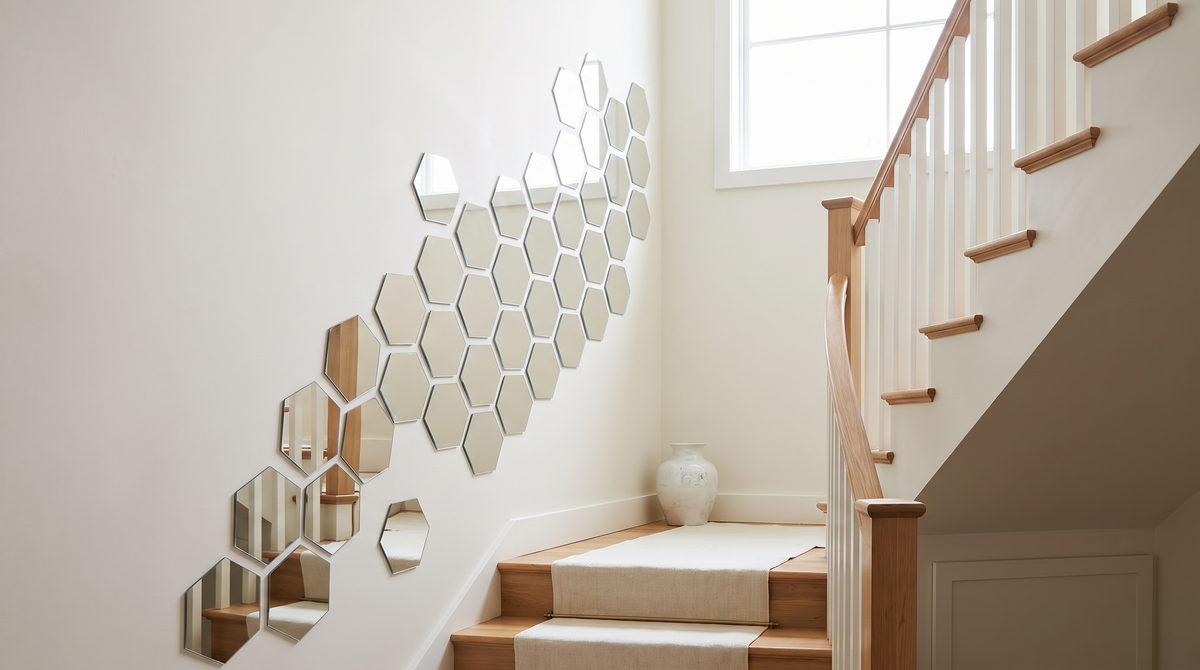 Scattered hexagon mirror tiles climbing a stairwell wall