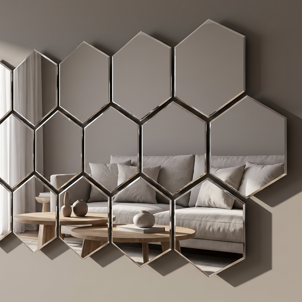 Close view of hexagon mirror tiles reflecting a sofa and room