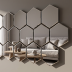 Close view of hexagon mirror tiles reflecting a sofa and room