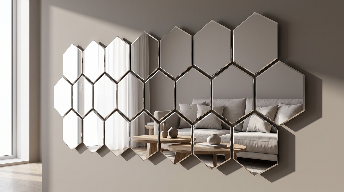 Raised hexagon mirror tiles casting shadows in side light