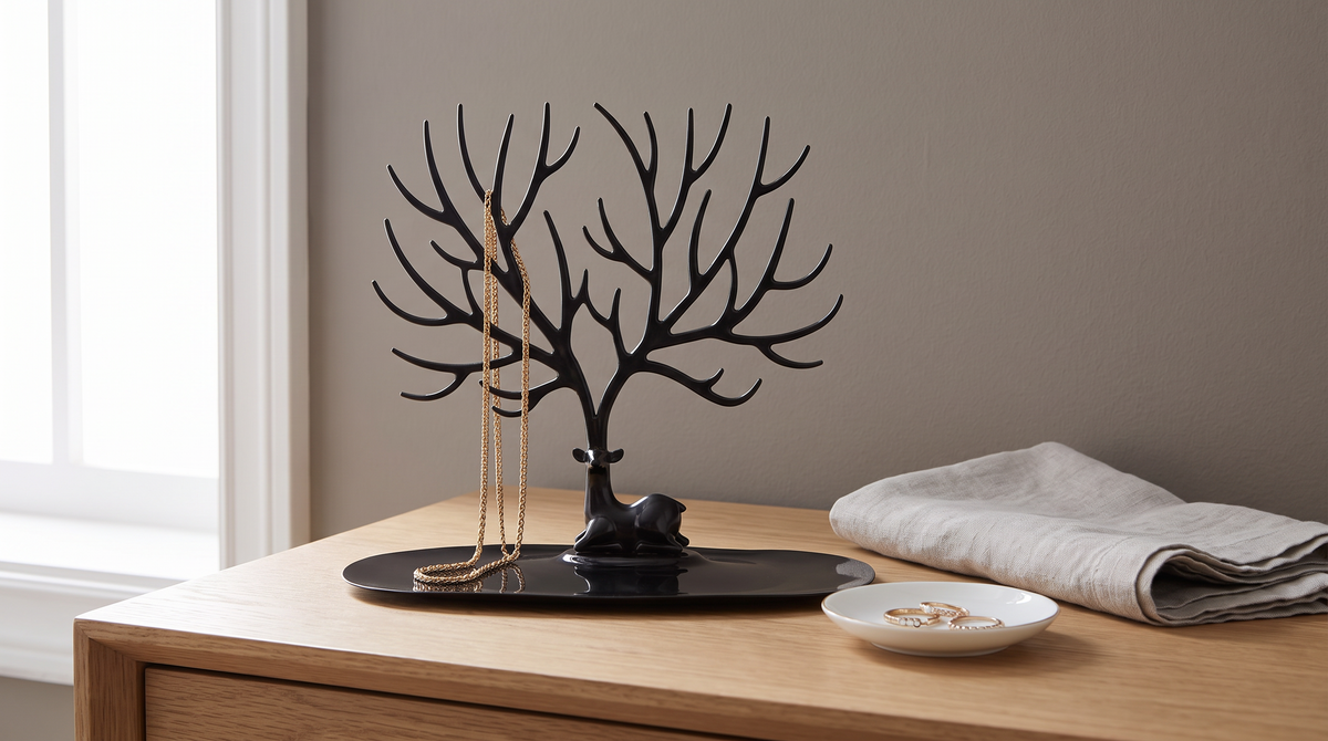 Jewellery stand on a dressing table with a long chain hanging