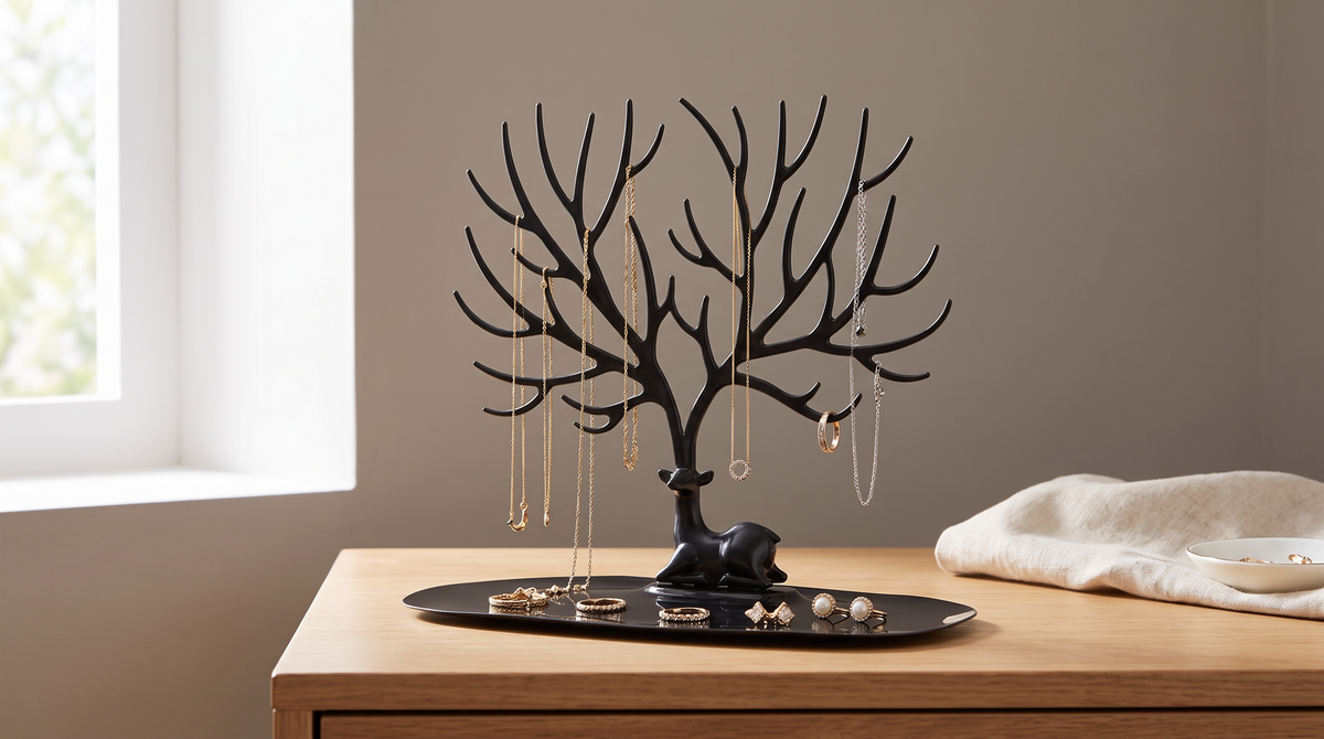Branch jewellery stand holding untangled necklaces
