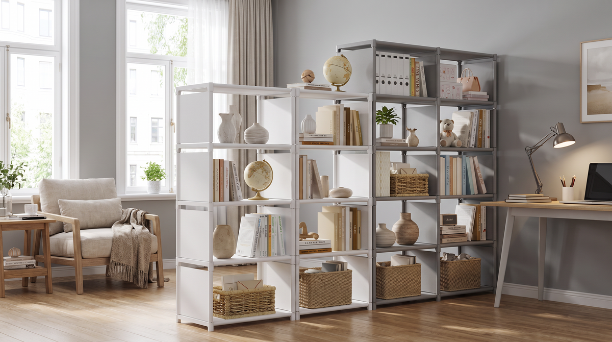 Open bookcase standing free as a low room divider