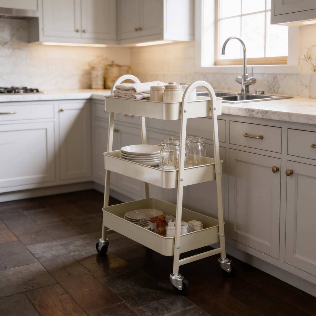 Rolling utility cart beside a kitchen sink under a window with jars on its trays