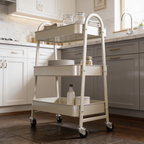 Low angle view of the wheeled cart in a kitchen with bottles on the bottom tray