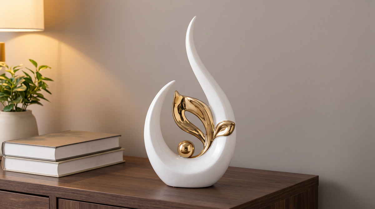 White and gold ceramic statue on a dark walnut sideboard