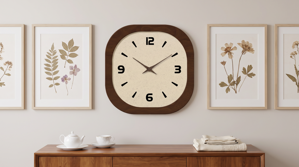 Square walnut wall clock in a gallery wall of botanical prints