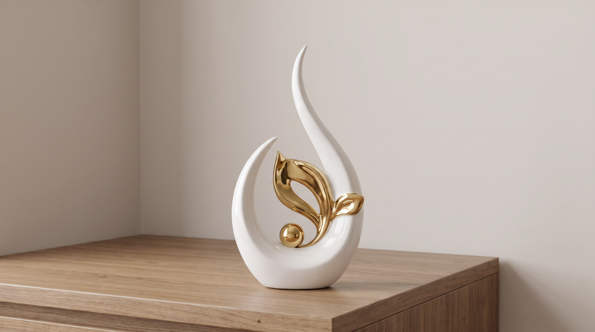White and gold ceramic statue alone on a desk corner