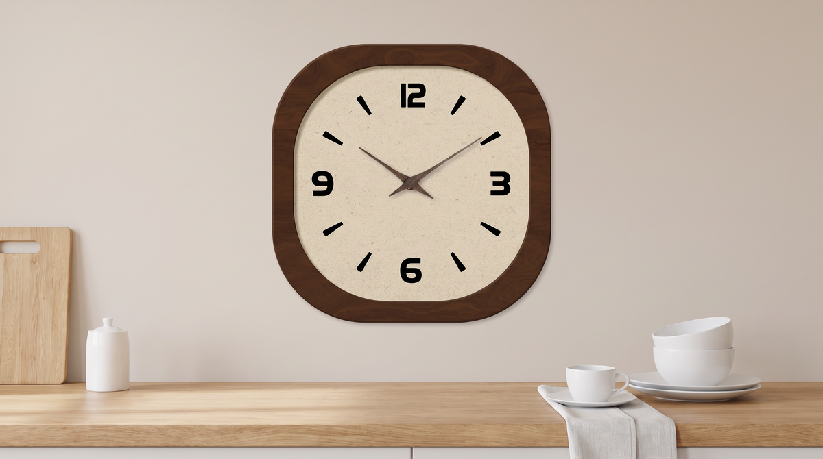 Square walnut wall clock alone on a kitchen wall