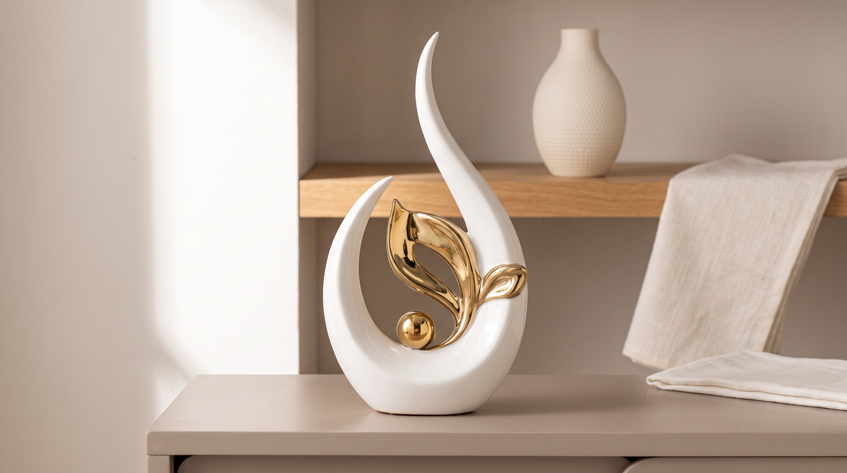 White ceramic statue with gold leaf motif in raking light