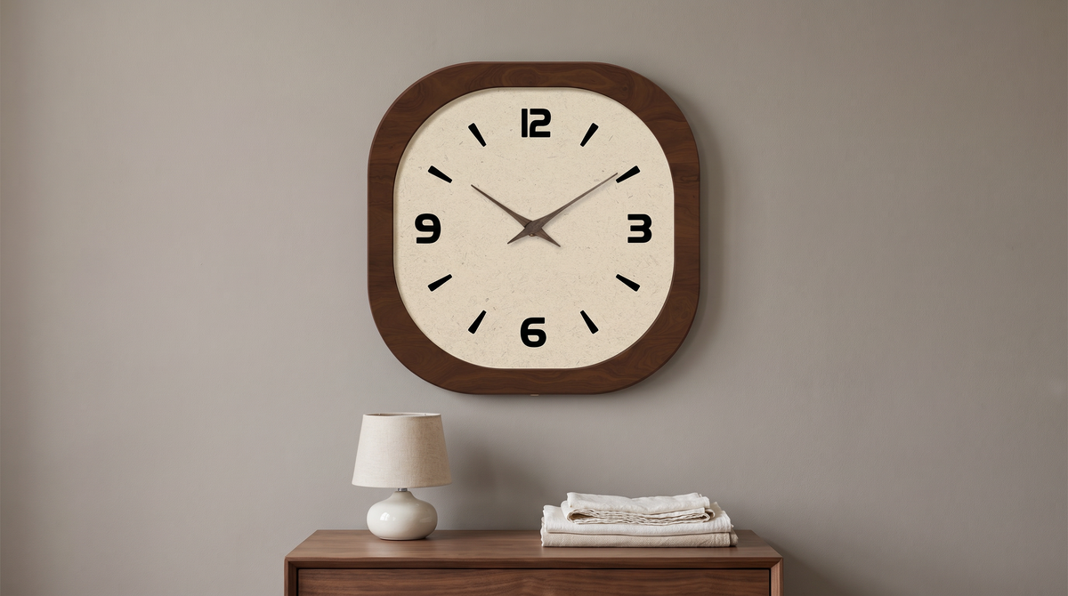 Square walnut wall clock above a wooden bedside table