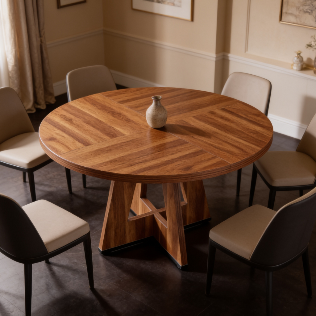 Radial grain round table with cream chairs in a warm paneled dining room