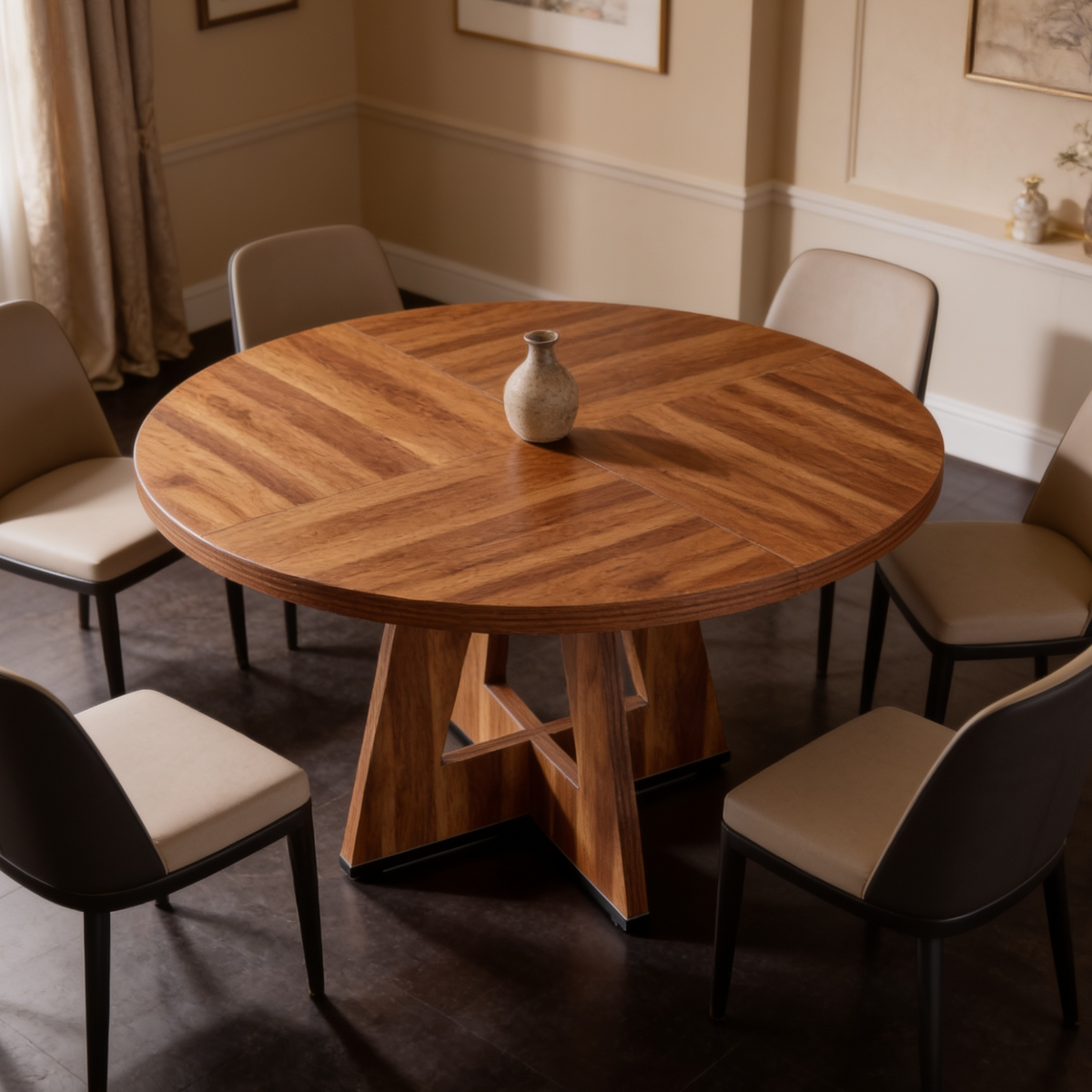 Radial grain round table with cream chairs in a warm paneled dining room