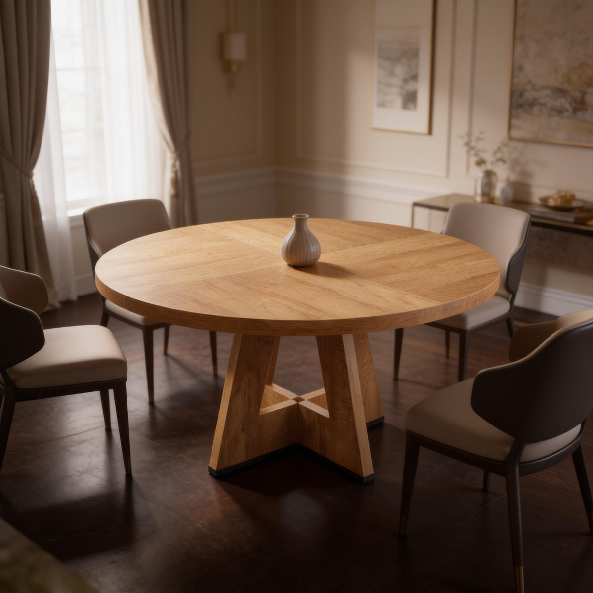 Round table on a cross shaped pedestal with gray chairs below framed art