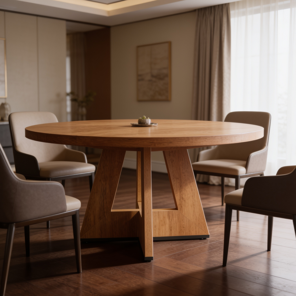 Round wood dining table on a solid pedestal with four soft chairs by a window