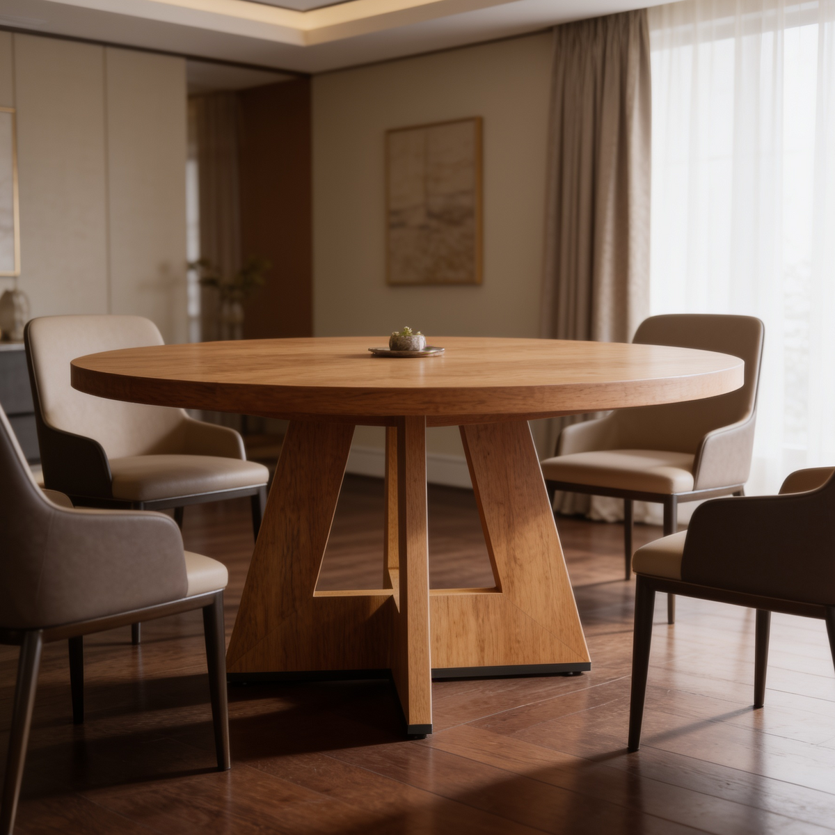 Round wood dining table on a solid pedestal with four soft chairs by a window