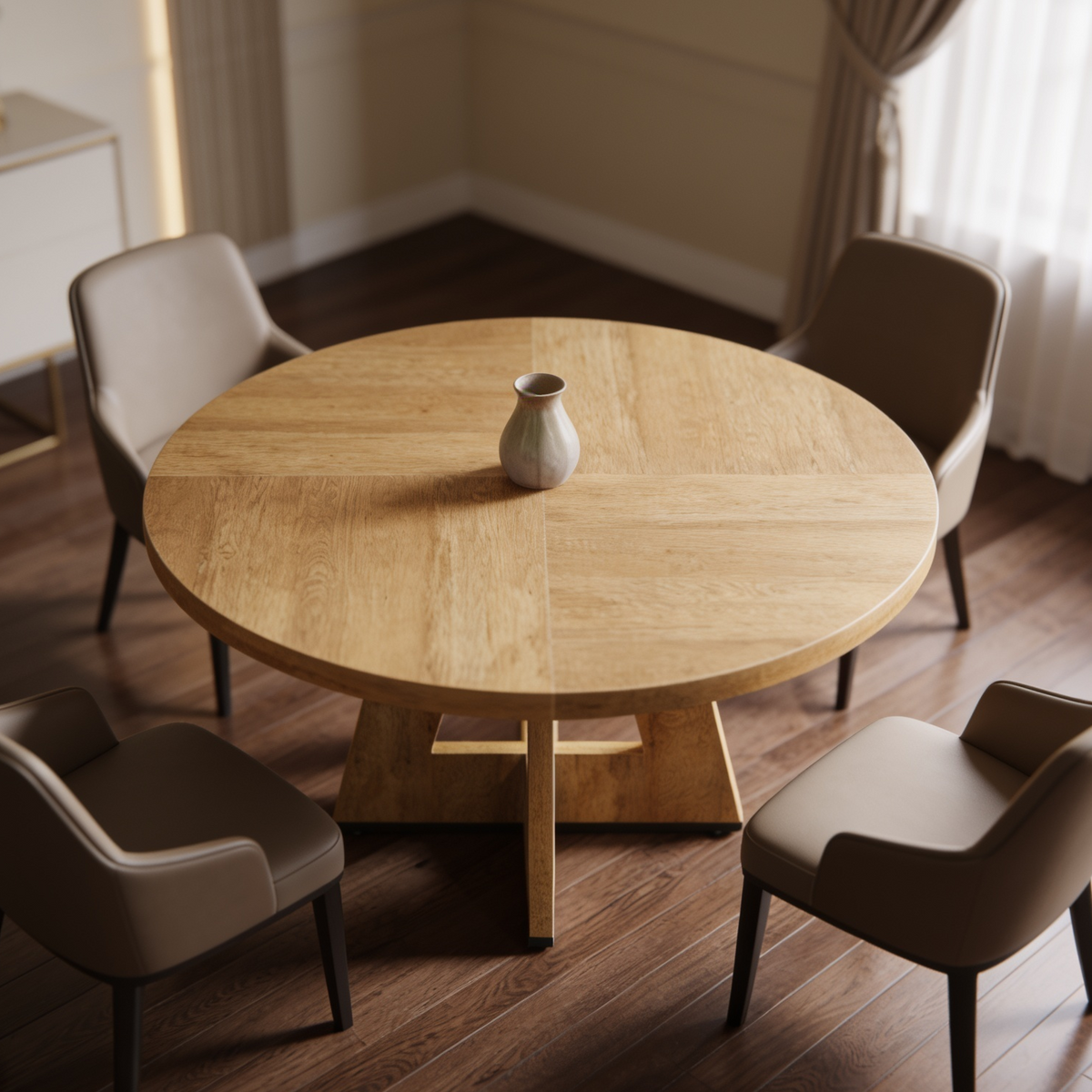 Round dining table seen from above with a small vase and chairs pulled around