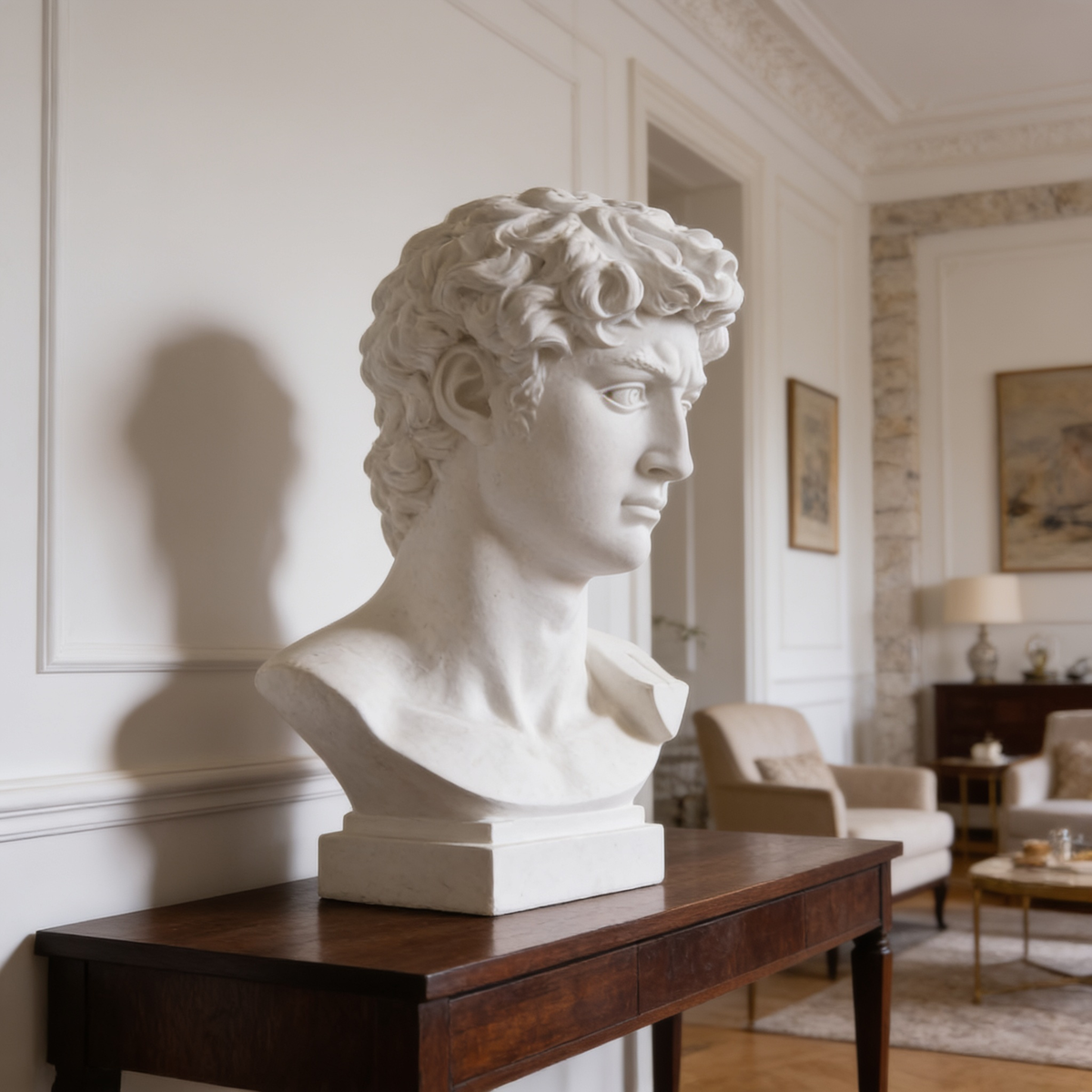 David bust on a dark wood console in a bright living room with an armchair