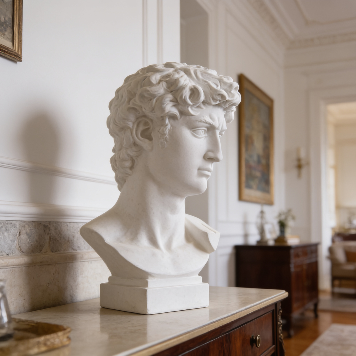 White resin head bust angled on a wood console below framed pictures