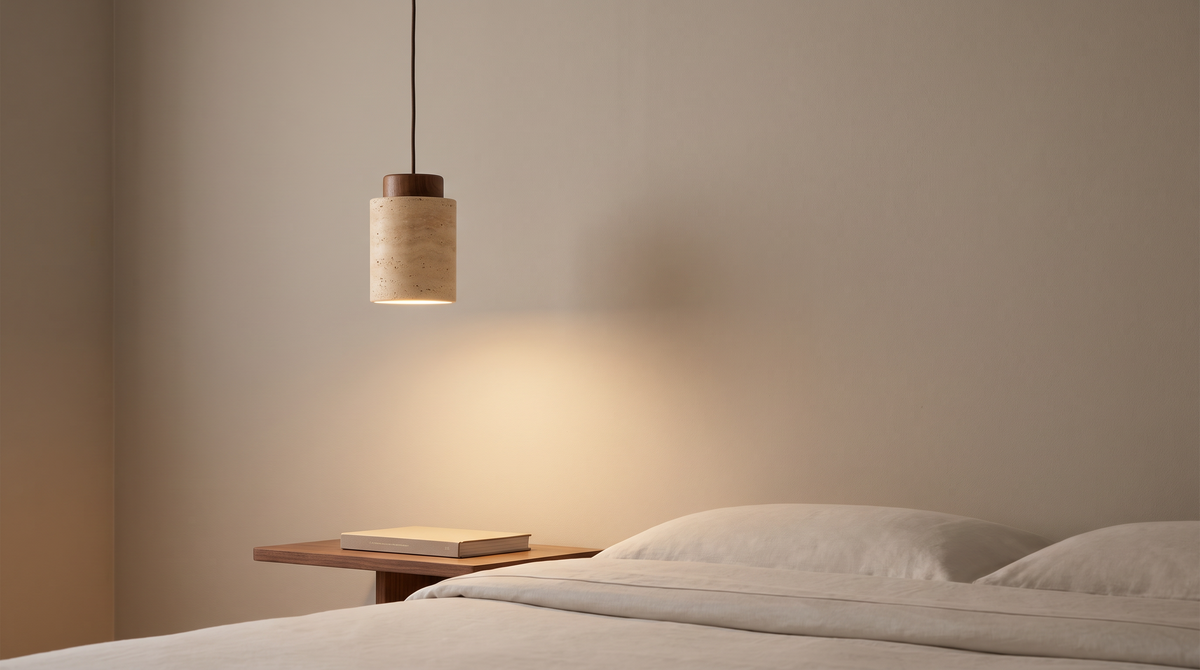 trav2 Travertine pendant beside a bed
