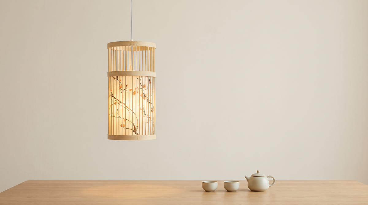 bamboo1 Woven bamboo lantern over a tea table