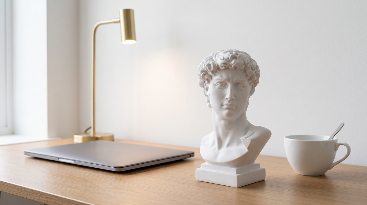 david3 David bust on a desk beside a laptop