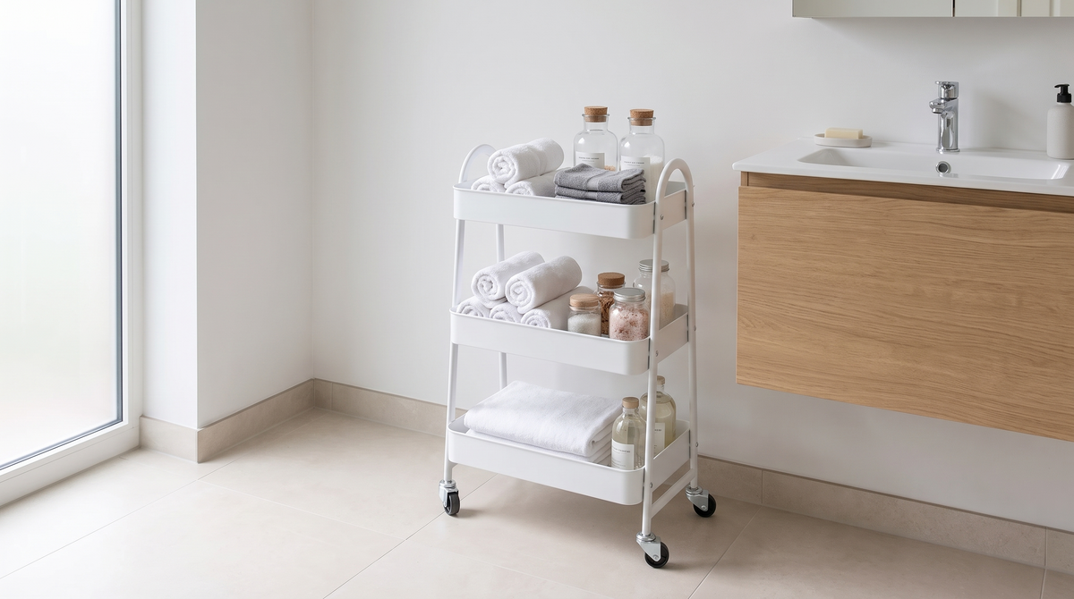 cart3 Rolling cart beside a bathroom vanity