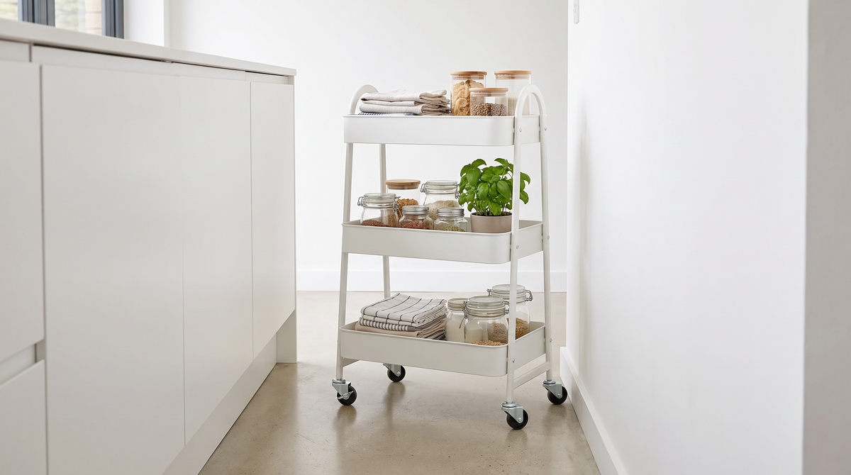 cart1 White three tier rolling cart in a kitchen