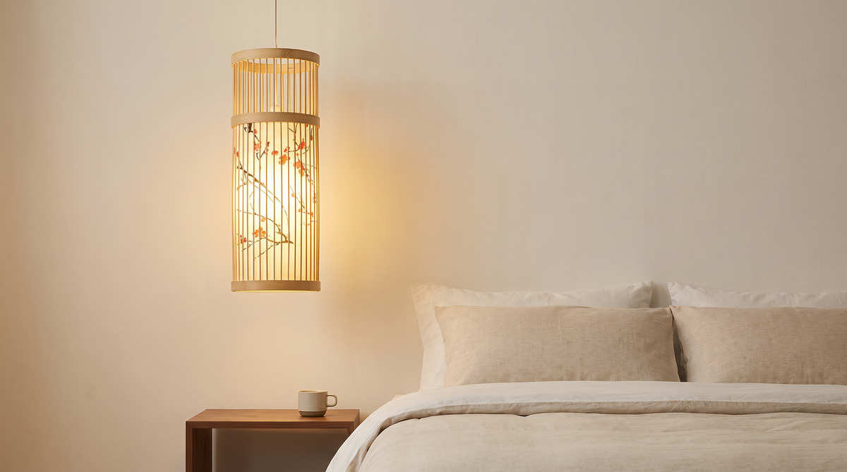 bamboo2c Single bamboo lantern lit beside a bed