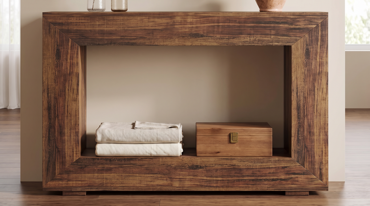 Open middle of the frame console with folded throws on the lower board