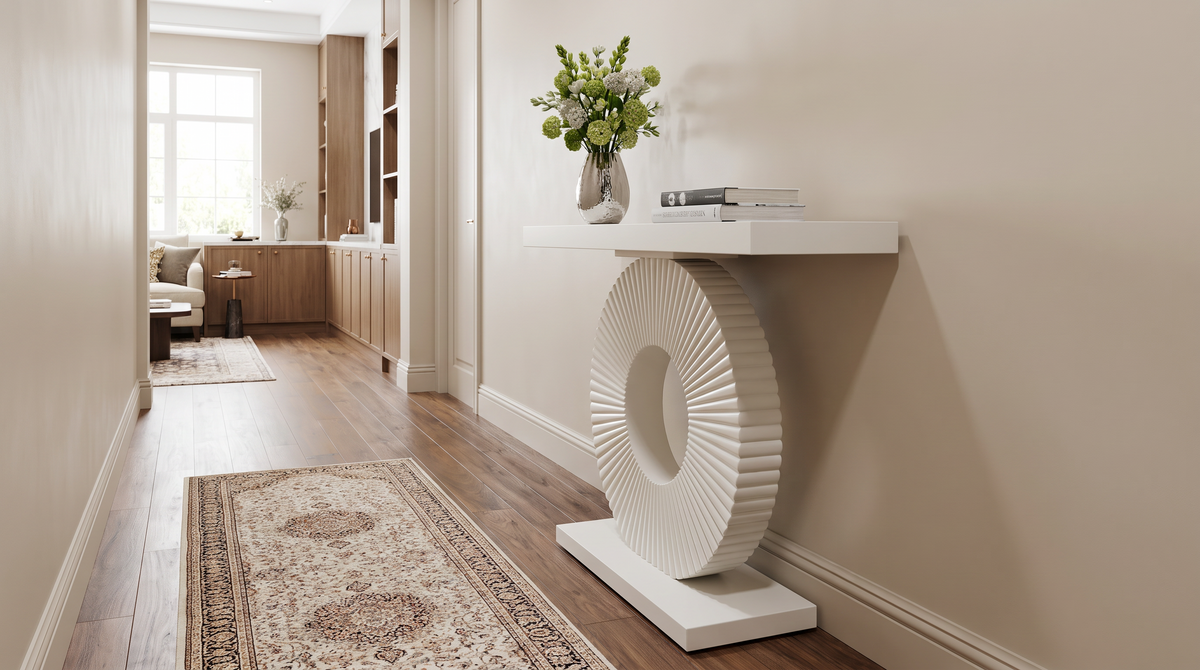 Fluted disc console table along a narrow hallway