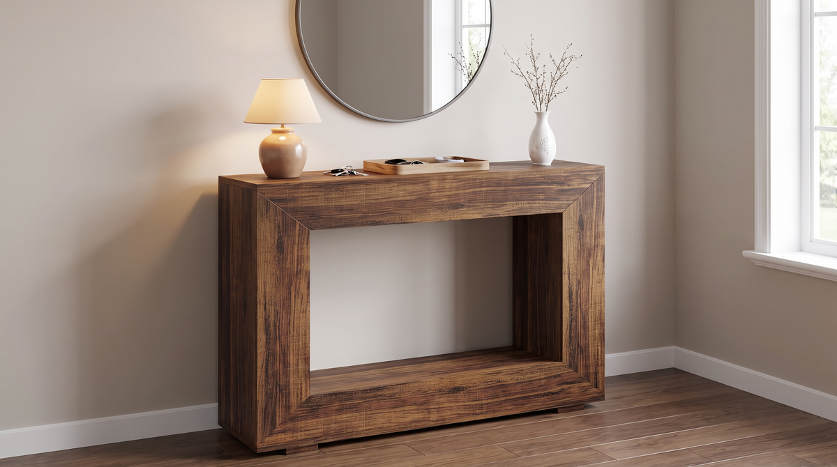 Open frame console table in an entryway under a round mirror