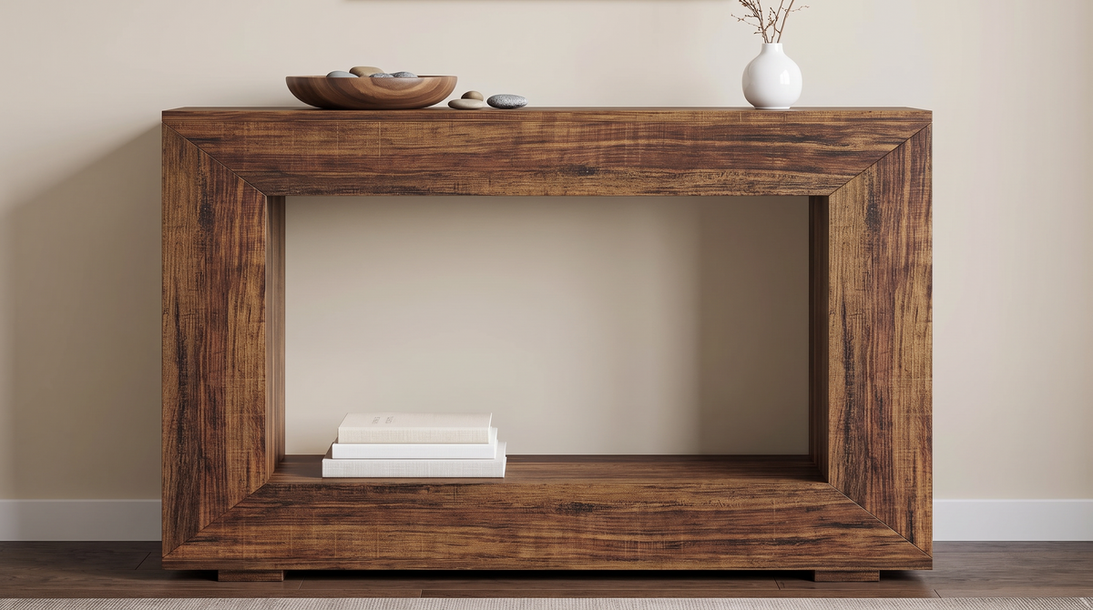 Open frame console table seen square on against a wall