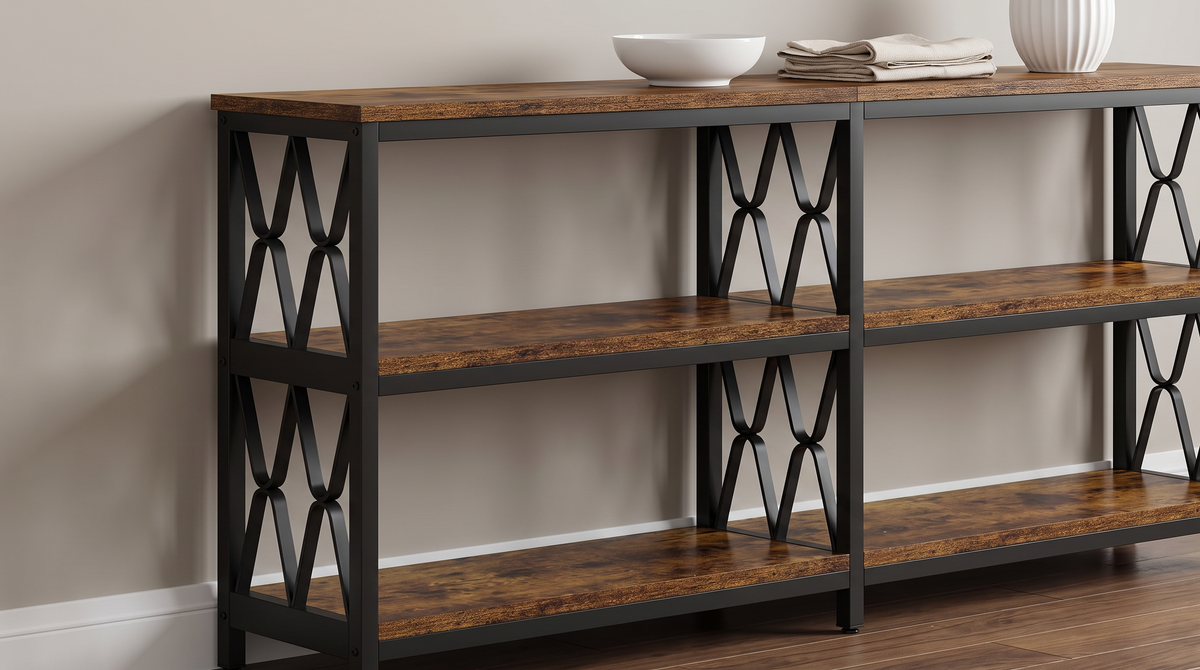 Crossed steel braces on the three tier console table frame