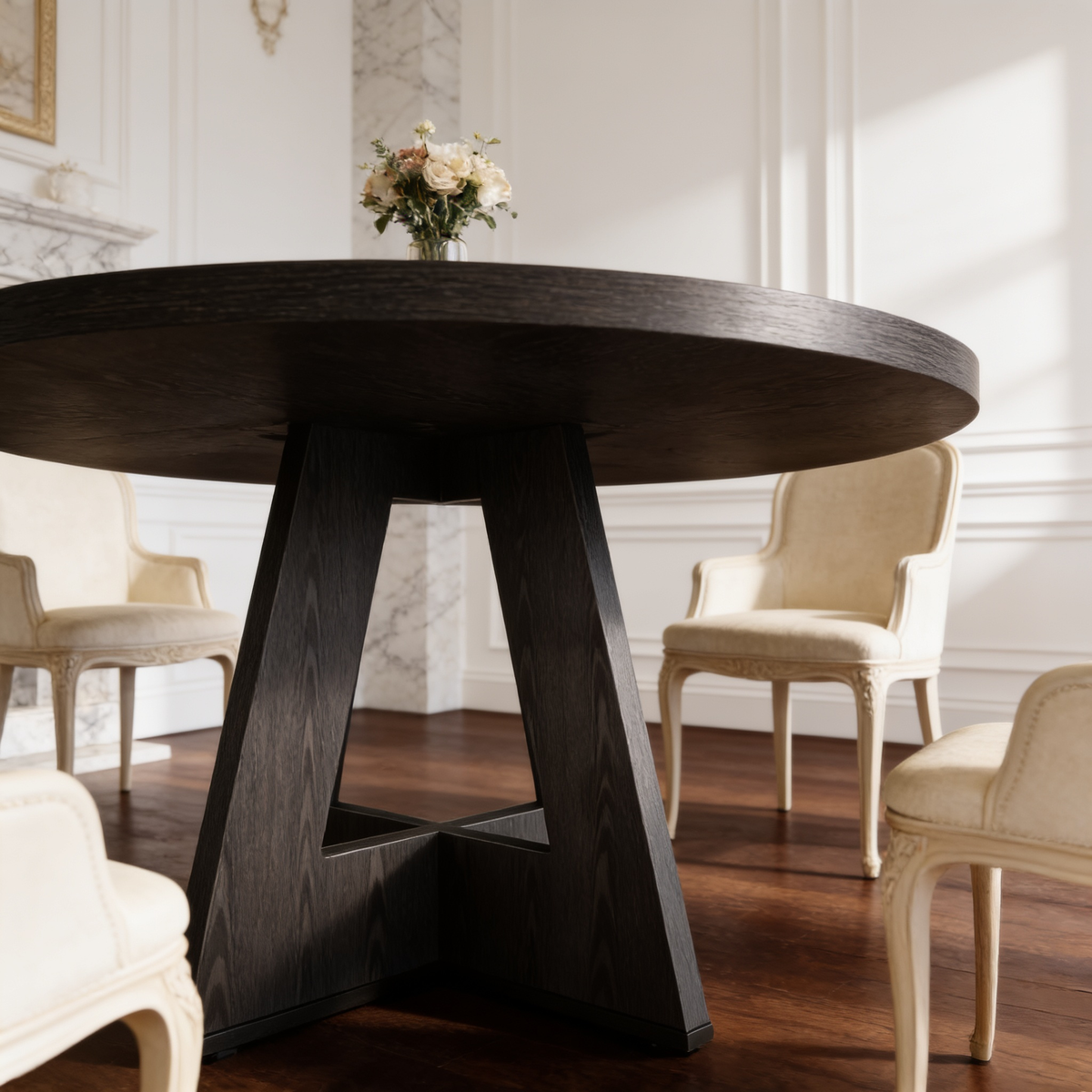Round black table on an A frame pedestal seen straight on with pale chairs
