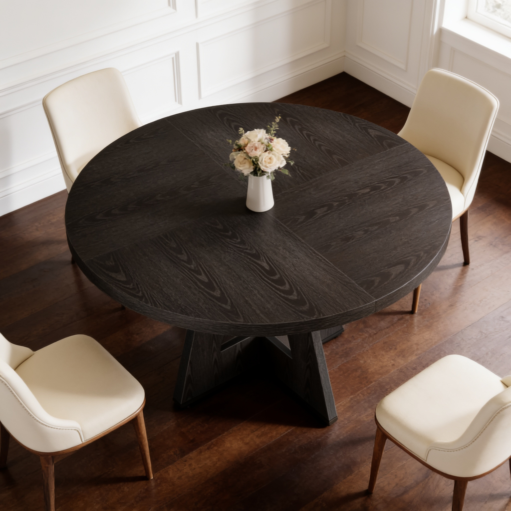 Overhead angle of the black round table with a white bud vase and cream chairs