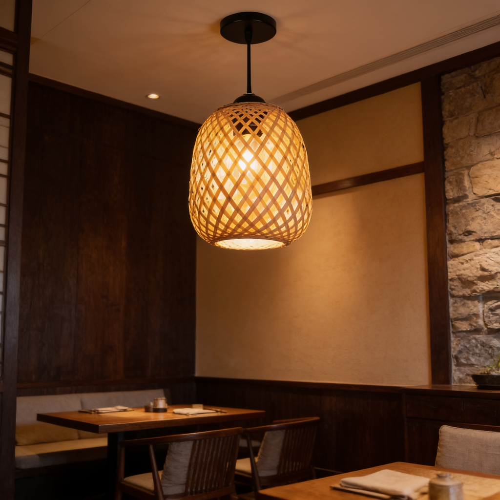 Lattice barrel pendant lit over a wooden table with a rough stone wall behind