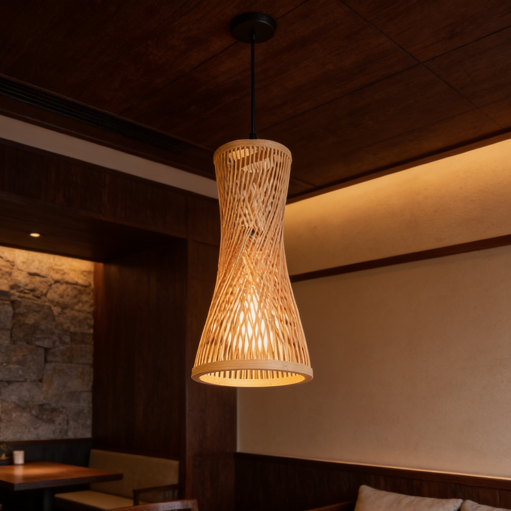 Tall woven bamboo pendant glowing above a wooden booth table in a dim restaurant
