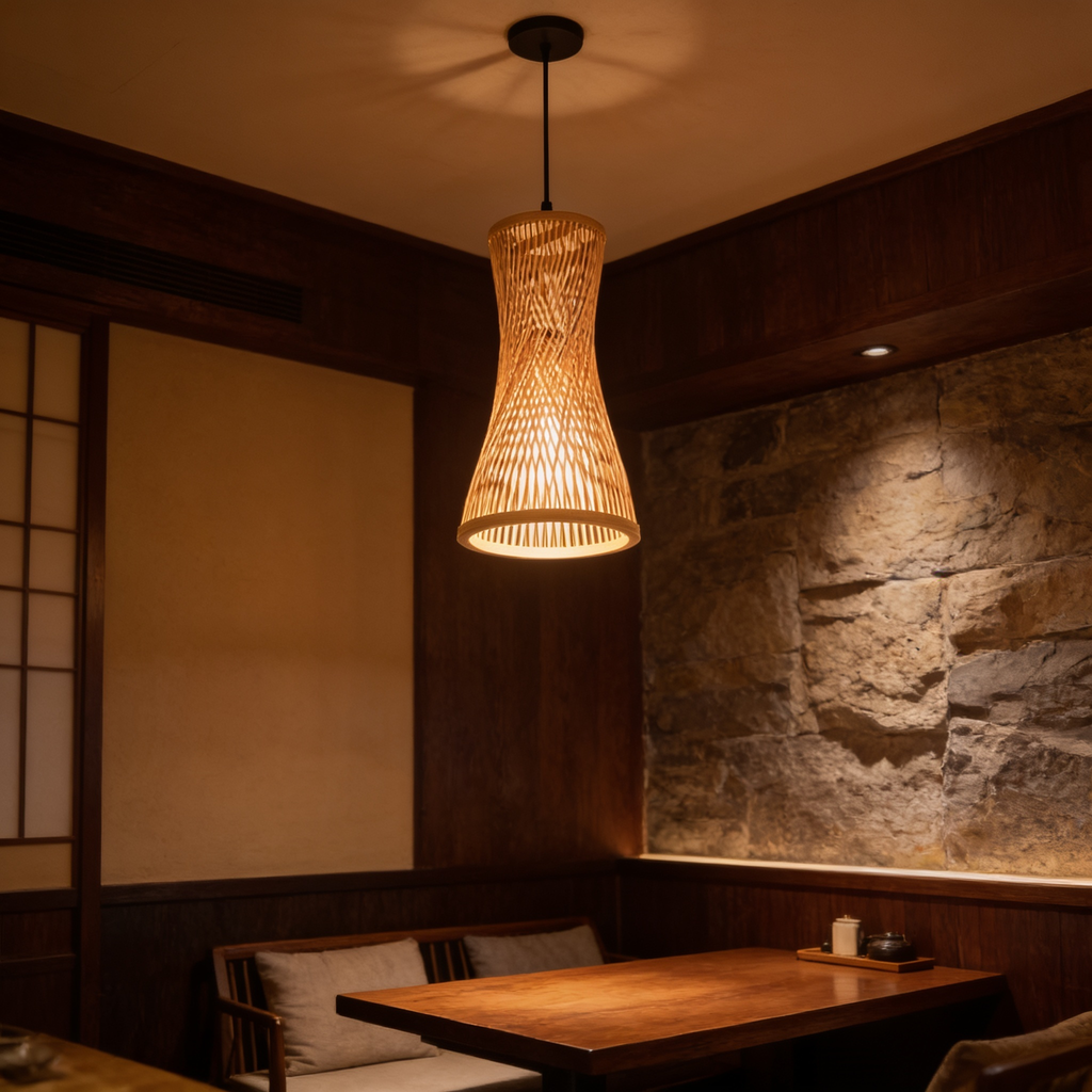 Flared rattan pendant lit over a dark wood dining table beside a paneled wall