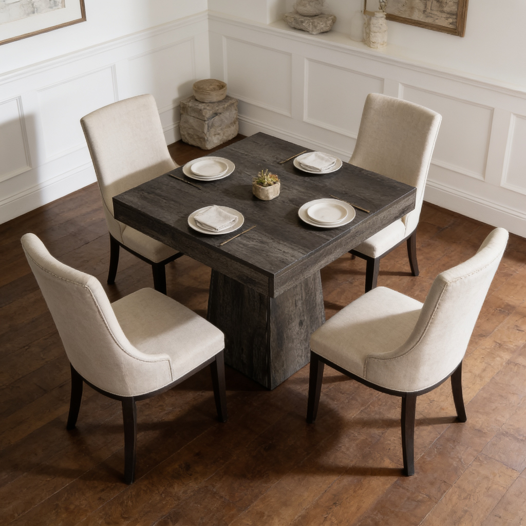 Dining table laid with four plates and surrounded by cream upholstered chairs