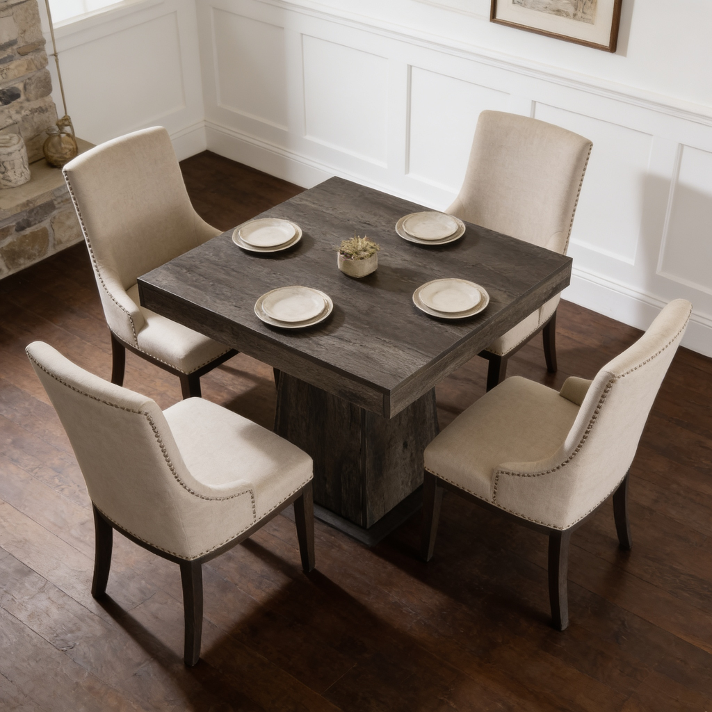 Set table with cream chairs viewed from the side near a stone wall accent