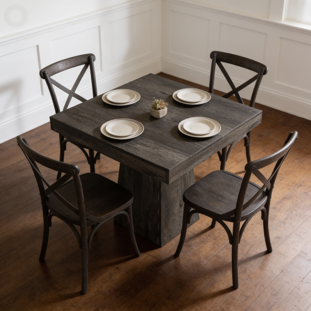 Square kitchen table set with plates and paired with black cross back chairs