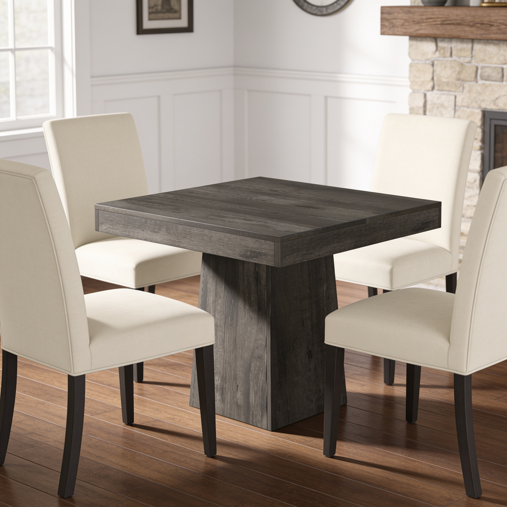 Gray square dining table beside a stone fireplace with pale seats around it