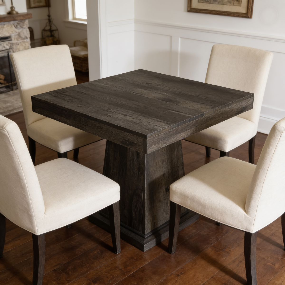 Charcoal square dining table with four cream chairs in a paneled dining nook